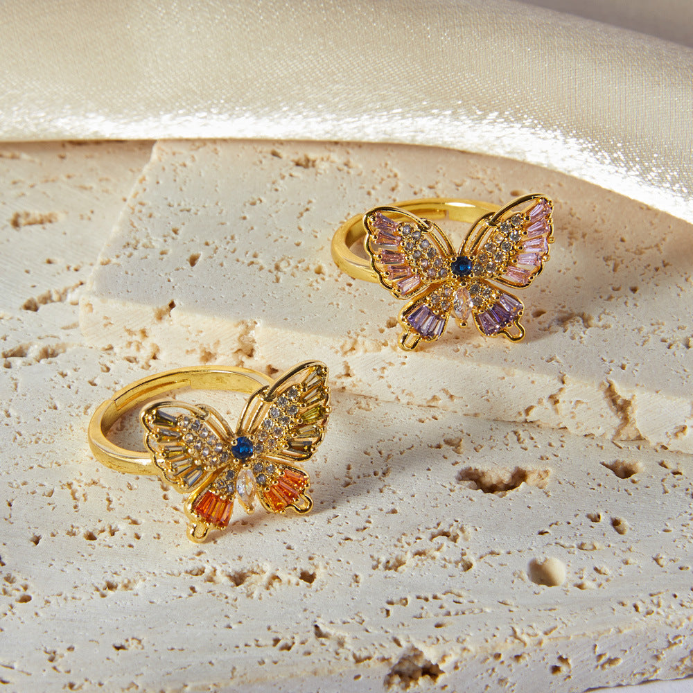 Light luxury elegant colorful butterfly ring