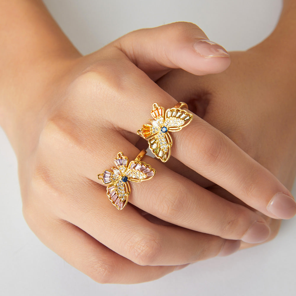 Light luxury elegant colorful butterfly ring