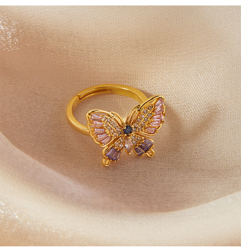 Light luxury elegant colorful butterfly ring