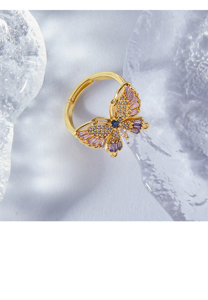 Light luxury elegant colorful butterfly ring