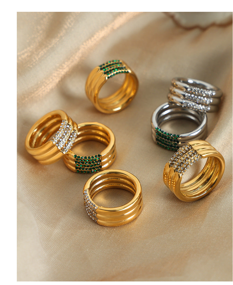 Light luxury vintage shiny stone multi-layer ring