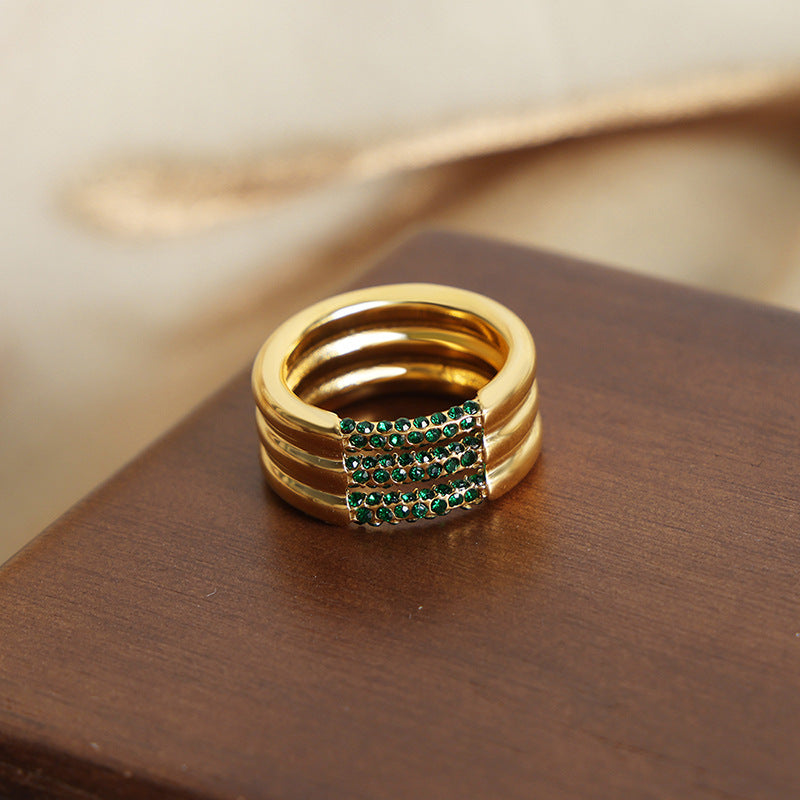 Light luxury vintage shiny stone multi-layer ring
