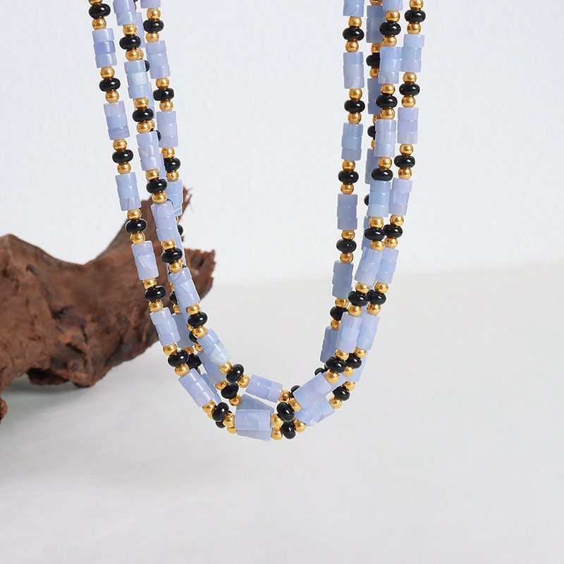 NATURAL SEA BLUE TREASURE CYLINDRICAL STONE NECKLACE