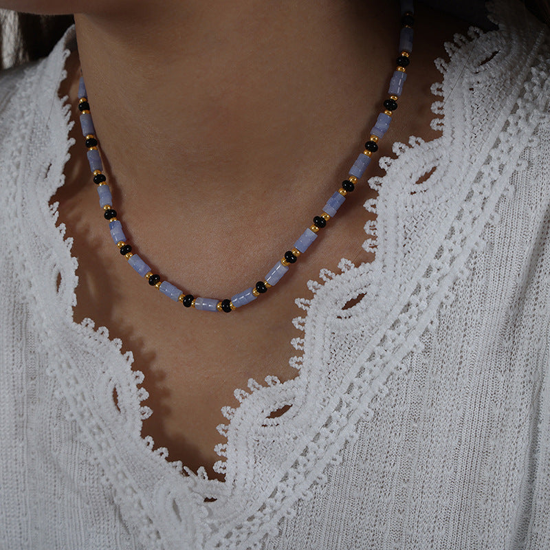 NATURAL SEA BLUE TREASURE CYLINDRICAL STONE NECKLACE