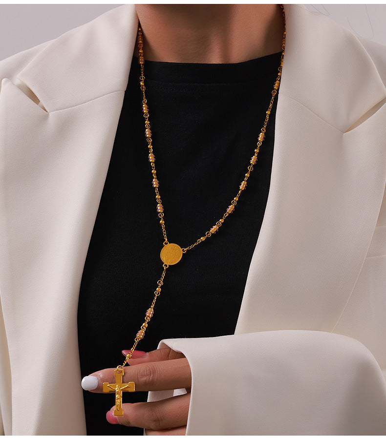 Niche Retro Rosary Cross Portrait Round Pendant Light Luxury Beaded Necklace