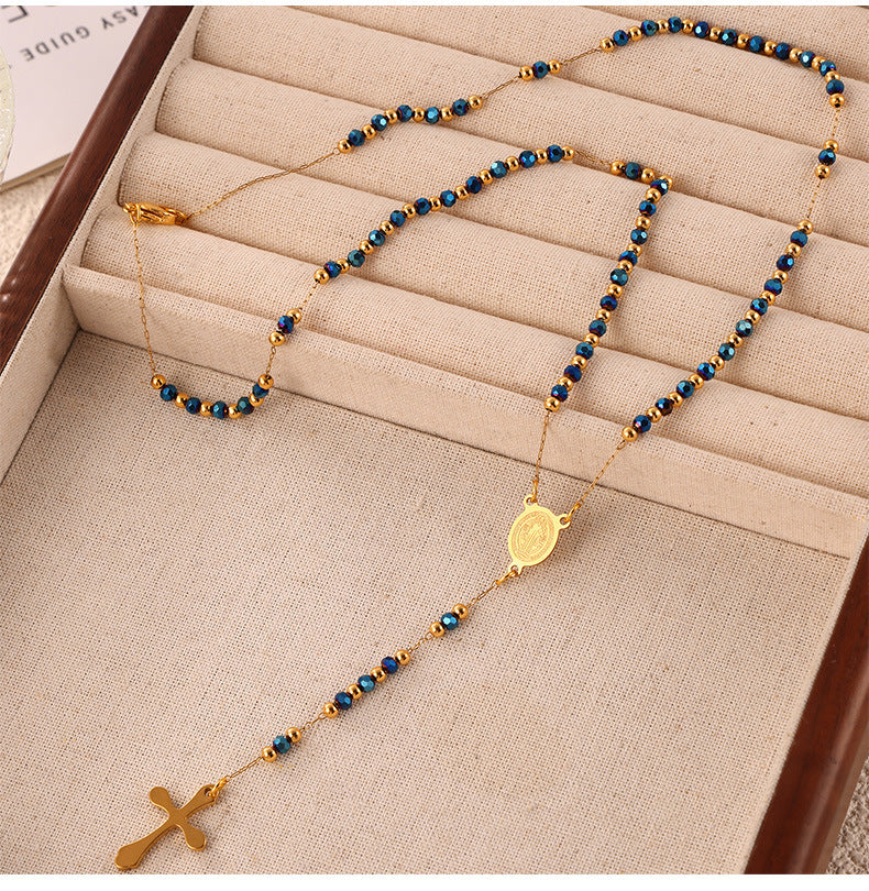 Niche Retro Rosary Cross Portrait Round Pendant Light Luxury Beaded Necklace