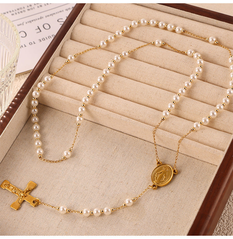 Niche Retro Rosary Cross Portrait Round Pendant Light Luxury Beaded Necklace