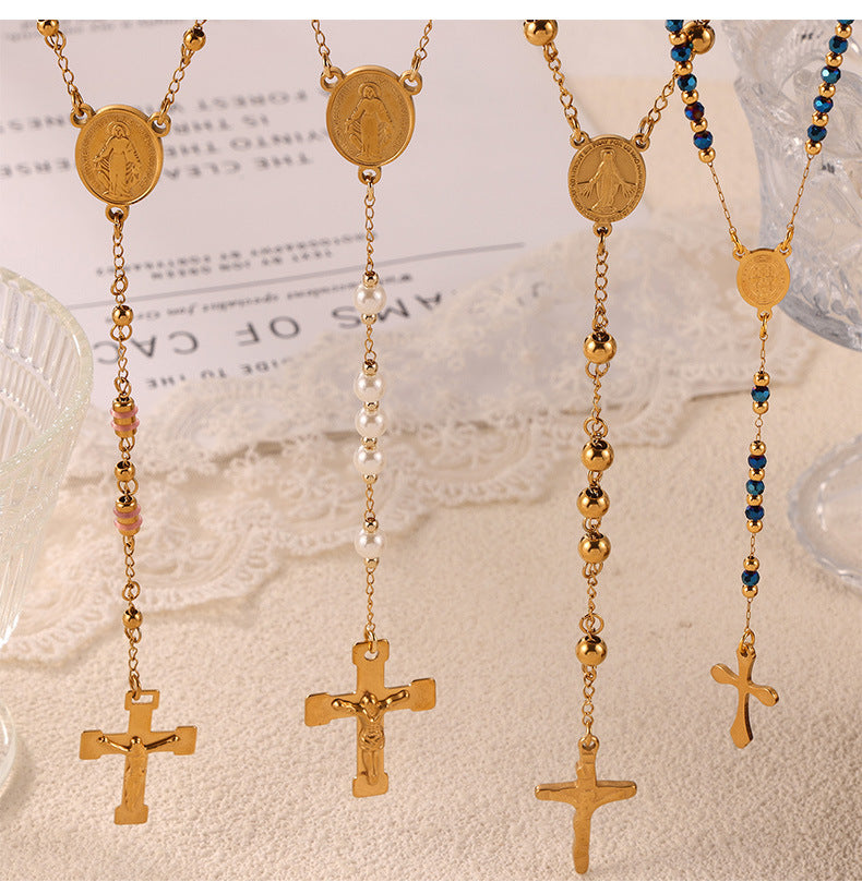 Niche Retro Rosary Cross Portrait Round Pendant Light Luxury Beaded Necklace