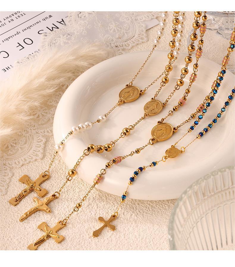 Niche Retro Rosary Cross Portrait Round Pendant Light Luxury Beaded Necklace