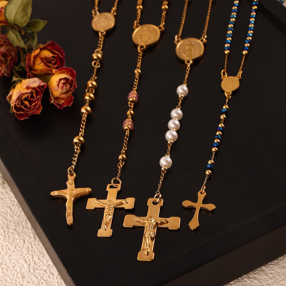 Niche Retro Rosary Cross Portrait Round Pendant Light Luxury Beaded Necklace