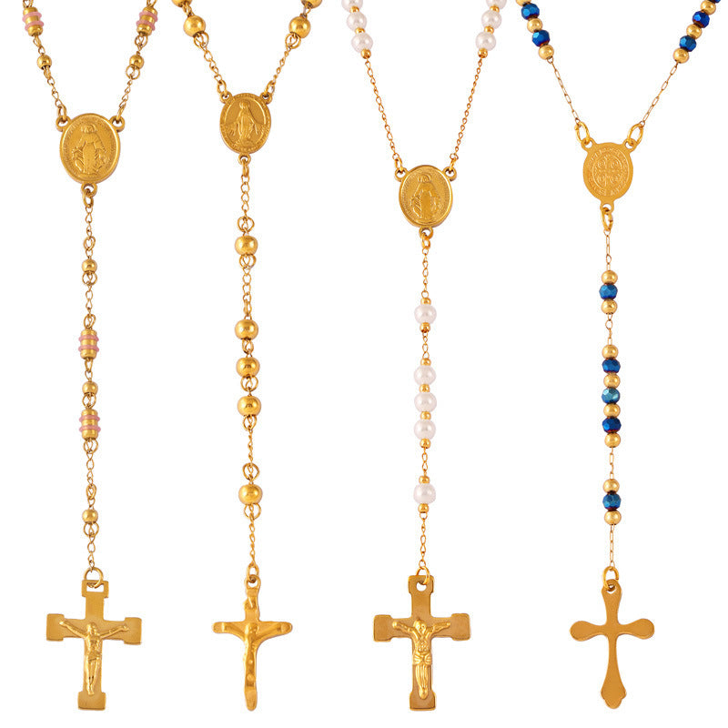 Niche Retro Rosary Cross Portrait Round Pendant Light Luxury Beaded Necklace