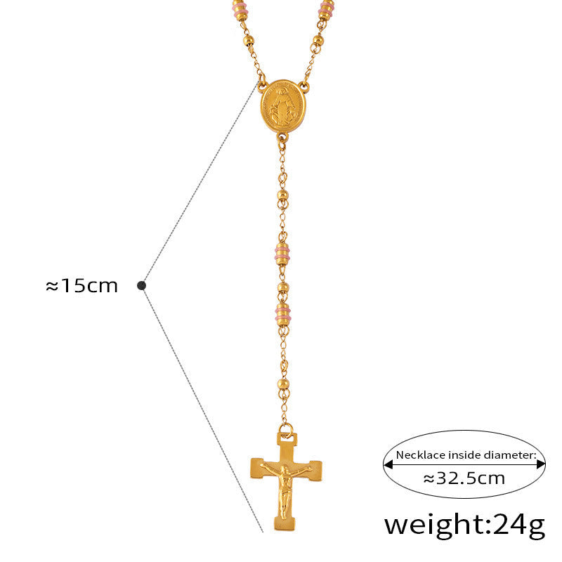 Niche Retro Rosary Cross Portrait Round Pendant Light Luxury Beaded Necklace