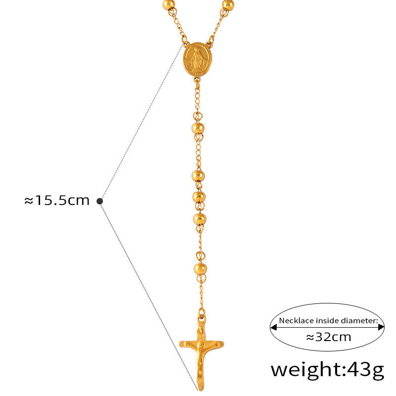 Niche Retro Rosary Cross Portrait Round Pendant Light Luxury Beaded Necklace