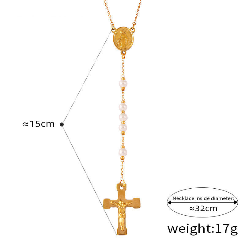 Niche Retro Rosary Cross Portrait Round Pendant Light Luxury Beaded Necklace