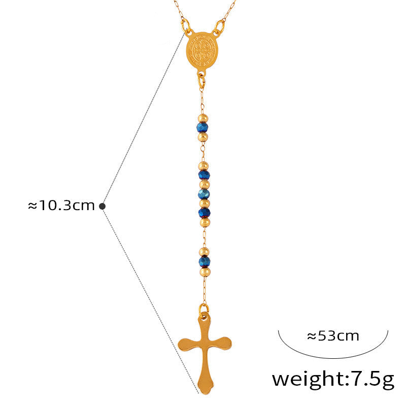 Niche Retro Rosary Cross Portrait Round Pendant Light Luxury Beaded Necklace