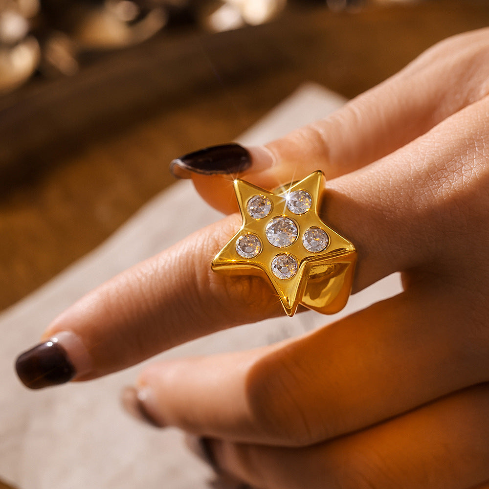Pentagram Shiny Stone Adjustable Ring
