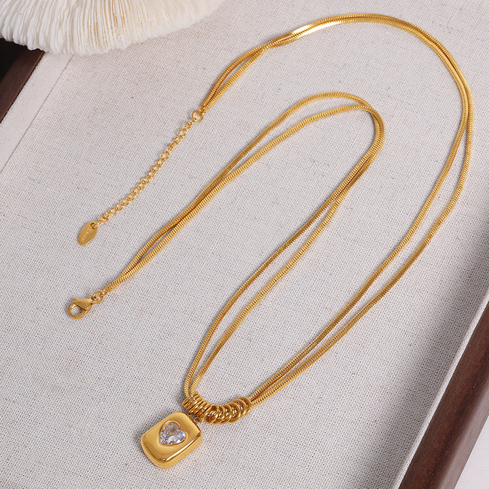 Retro Geometric Peach Heart Love Pendant Clavicle Double Necklace