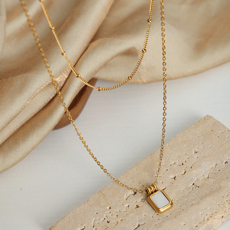 SQUARE SHELL PENDANT DOUBLE LAYER NECKLACE
