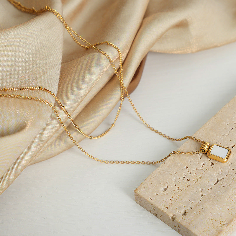 SQUARE SHELL PENDANT DOUBLE LAYER NECKLACE