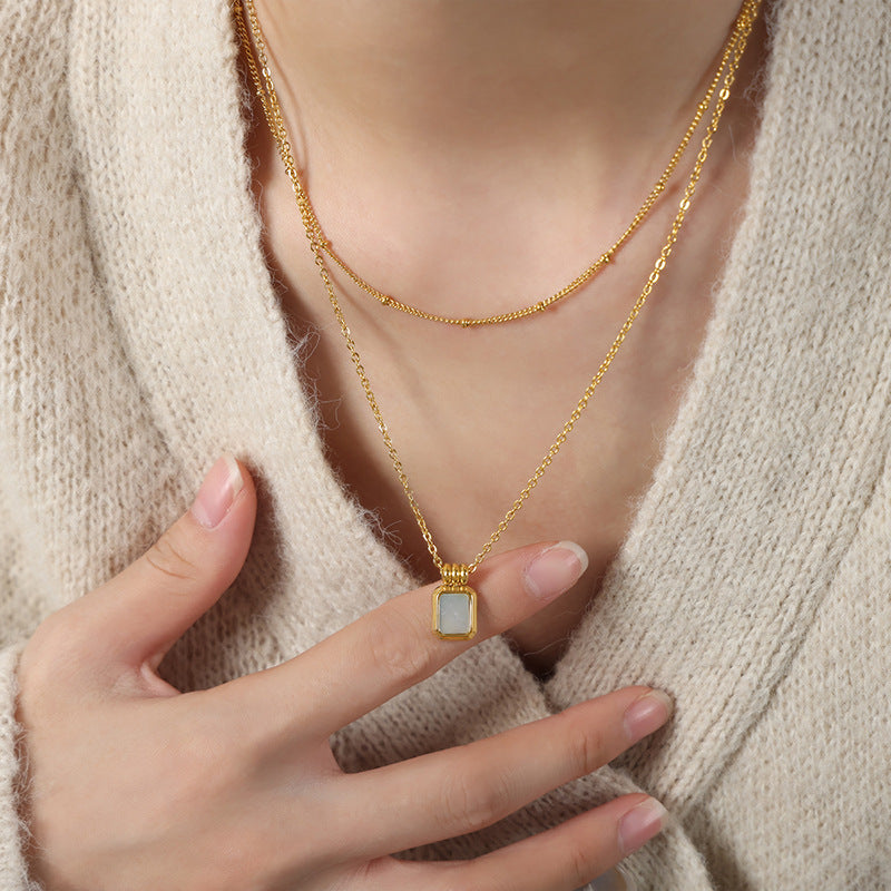 SQUARE SHELL PENDANT DOUBLE LAYER NECKLACE