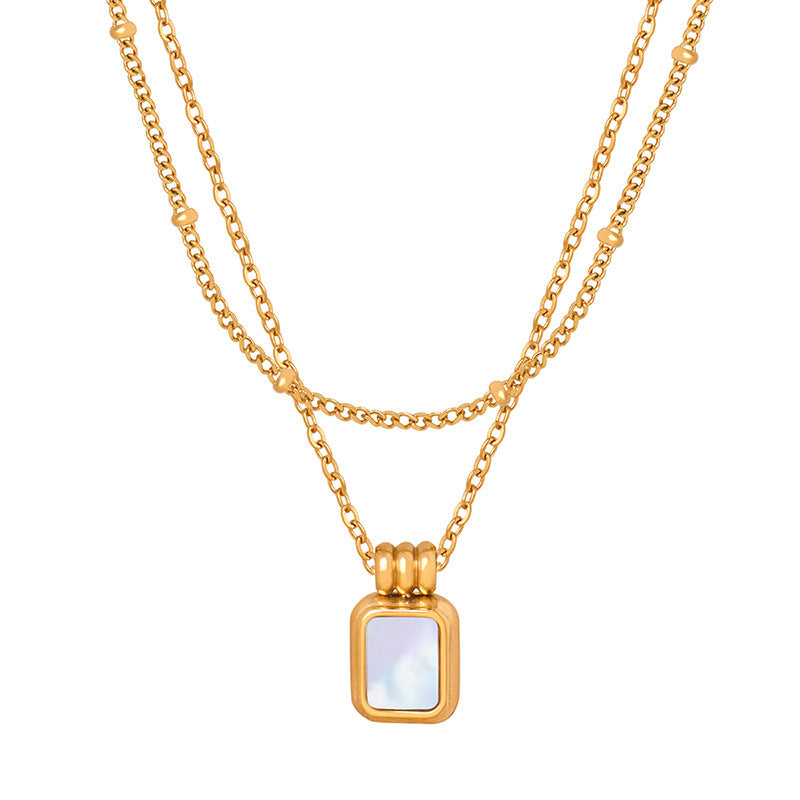 SQUARE SHELL PENDANT DOUBLE LAYER NECKLACE