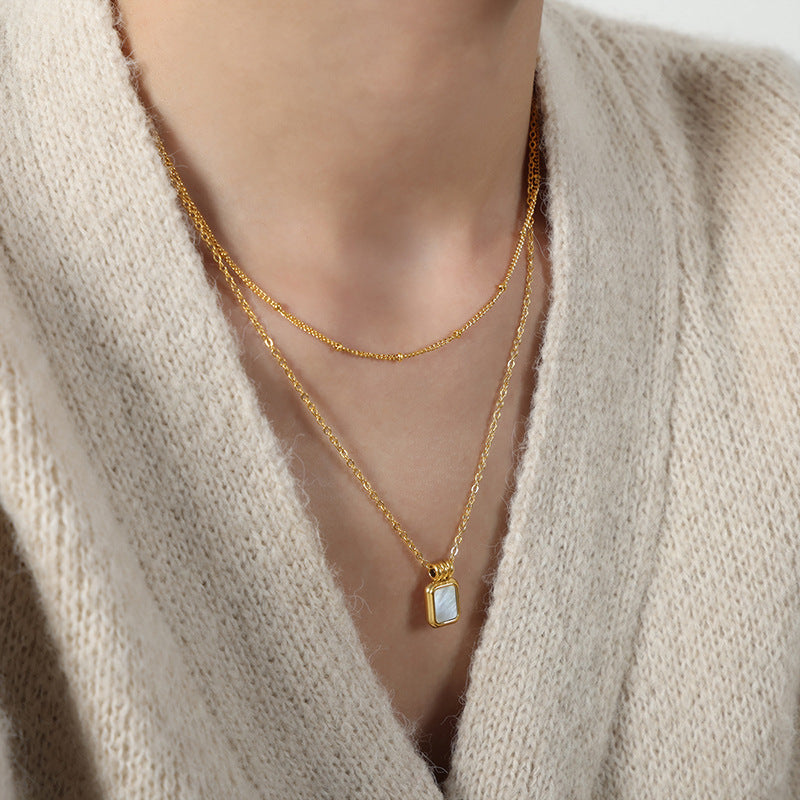 SQUARE SHELL PENDANT DOUBLE LAYER NECKLACE