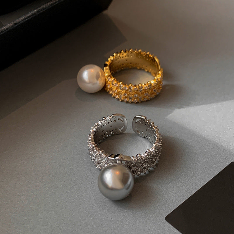 Silver gray white pearl open ring