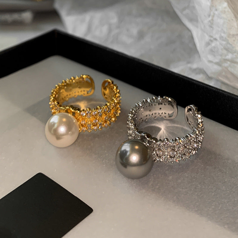 Silver gray white pearl open ring