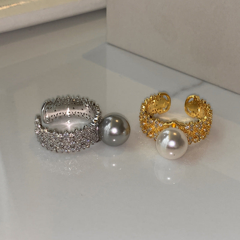 Silver gray white pearl open ring