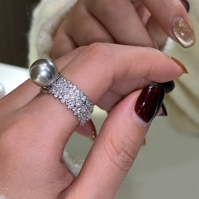 Silver gray white pearl open ring