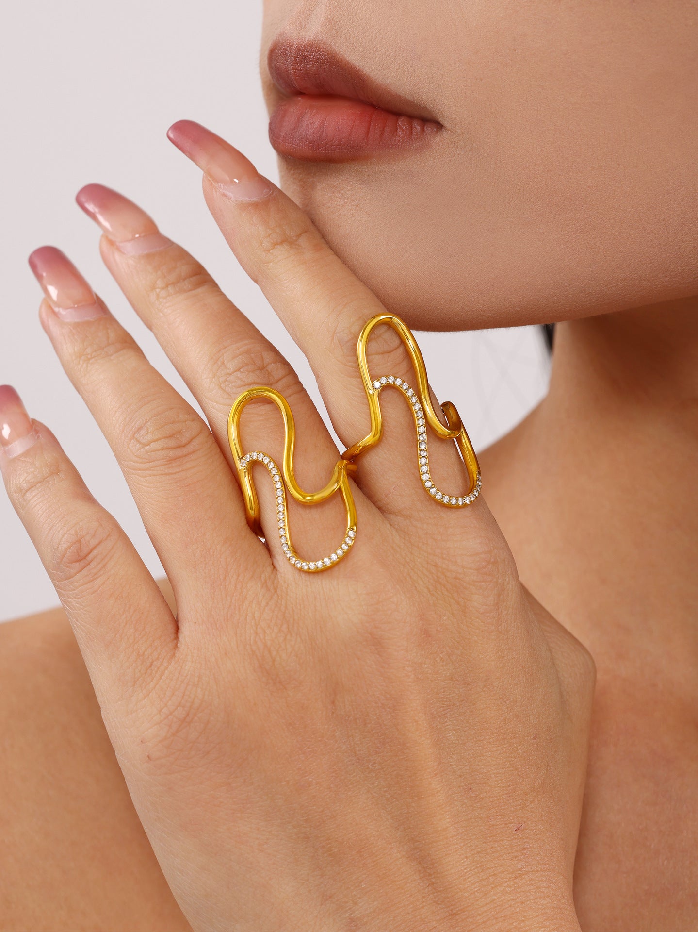 S line shiny stone open ring