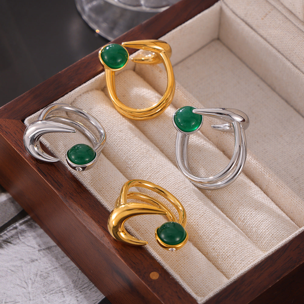 Sun and Moon Green Stone Open Adjustable Ring
