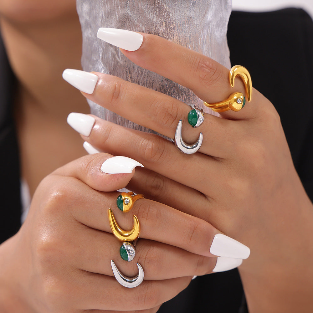Sun and Moon Green Stone Open Adjustable Ring