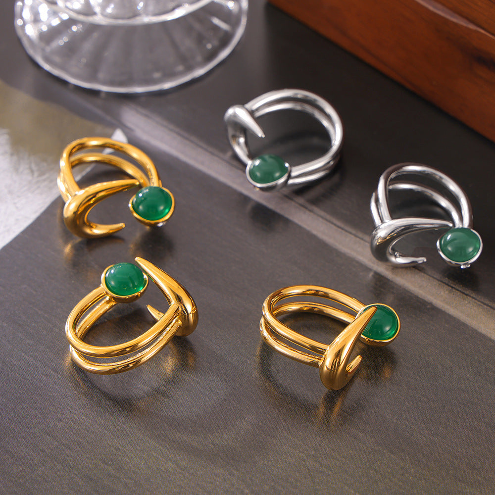 Sun and Moon Green Stone Open Adjustable Ring