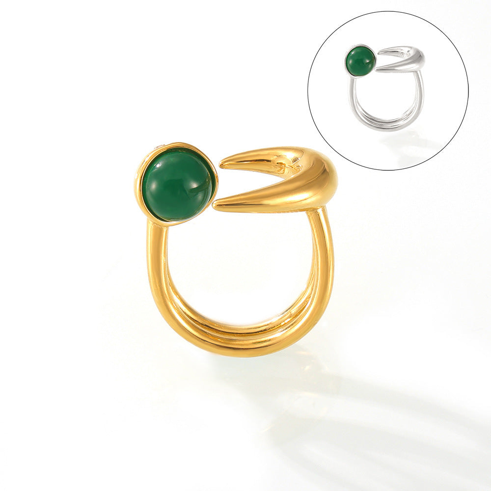 Sun and Moon Green Stone Open Adjustable Ring
