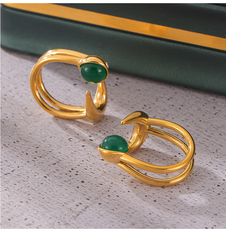 Sun and Moon Green Stone Open Adjustable Ring