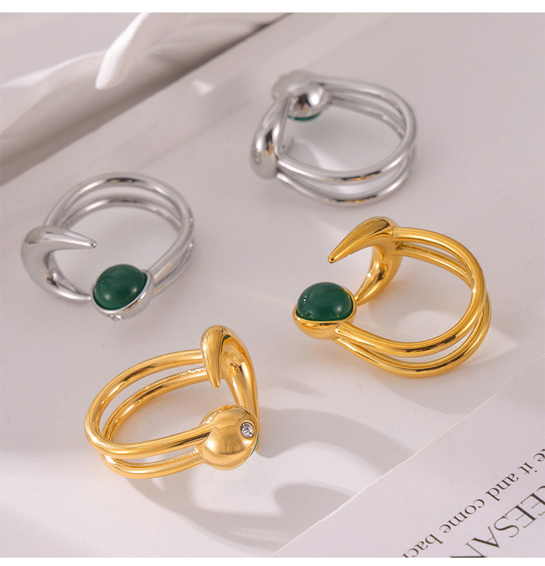 Sun and Moon Green Stone Open Adjustable Ring