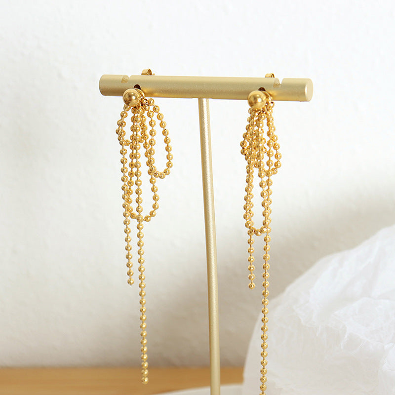 TASSEL LONG RICE BEAD CHAIN EARRINGS