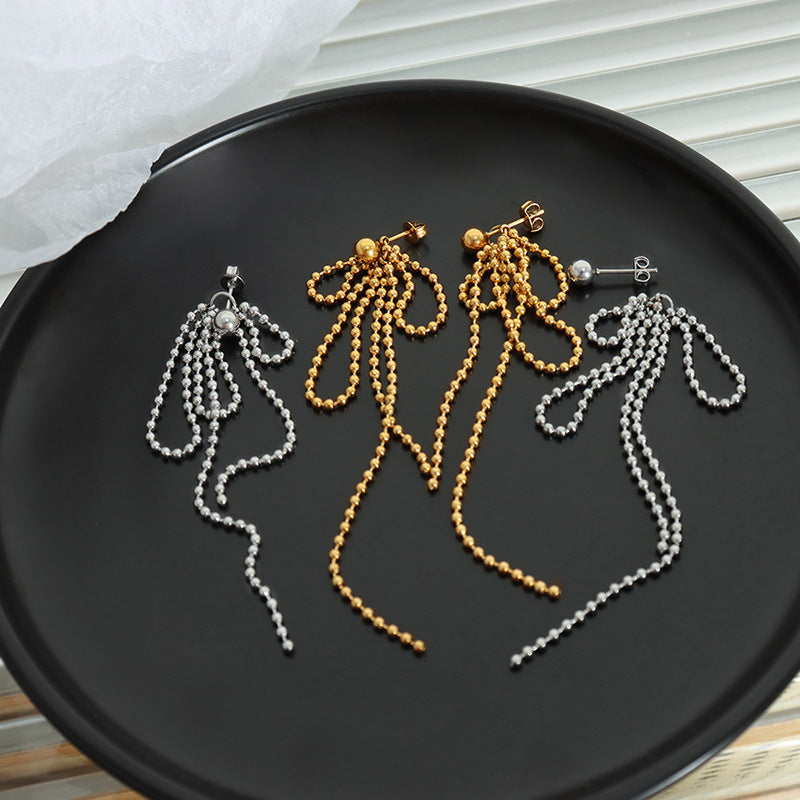 TASSEL LONG RICE BEAD CHAIN EARRINGS