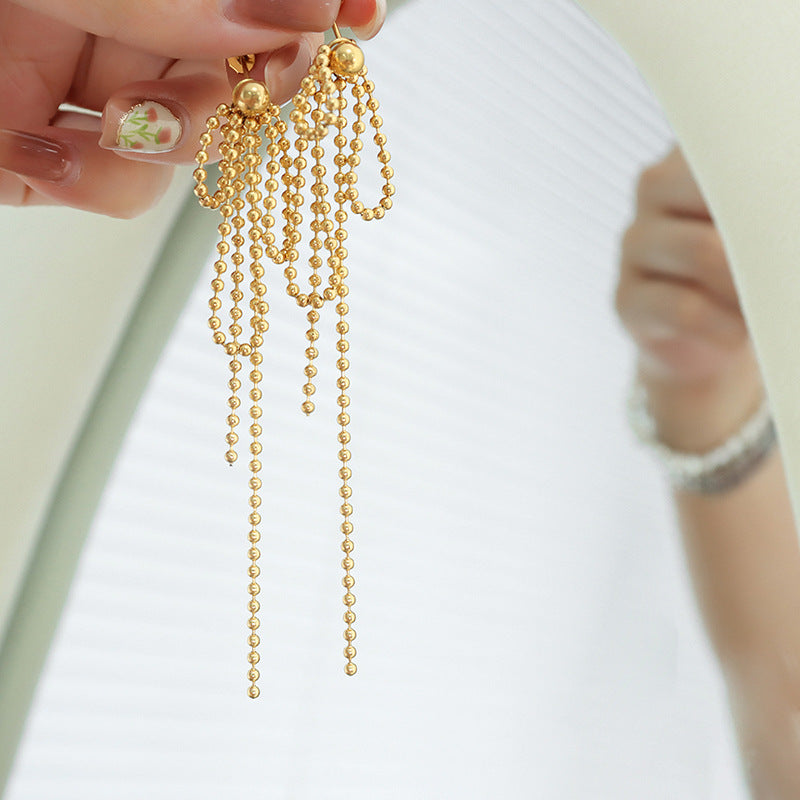 TASSEL LONG RICE BEAD CHAIN EARRINGS