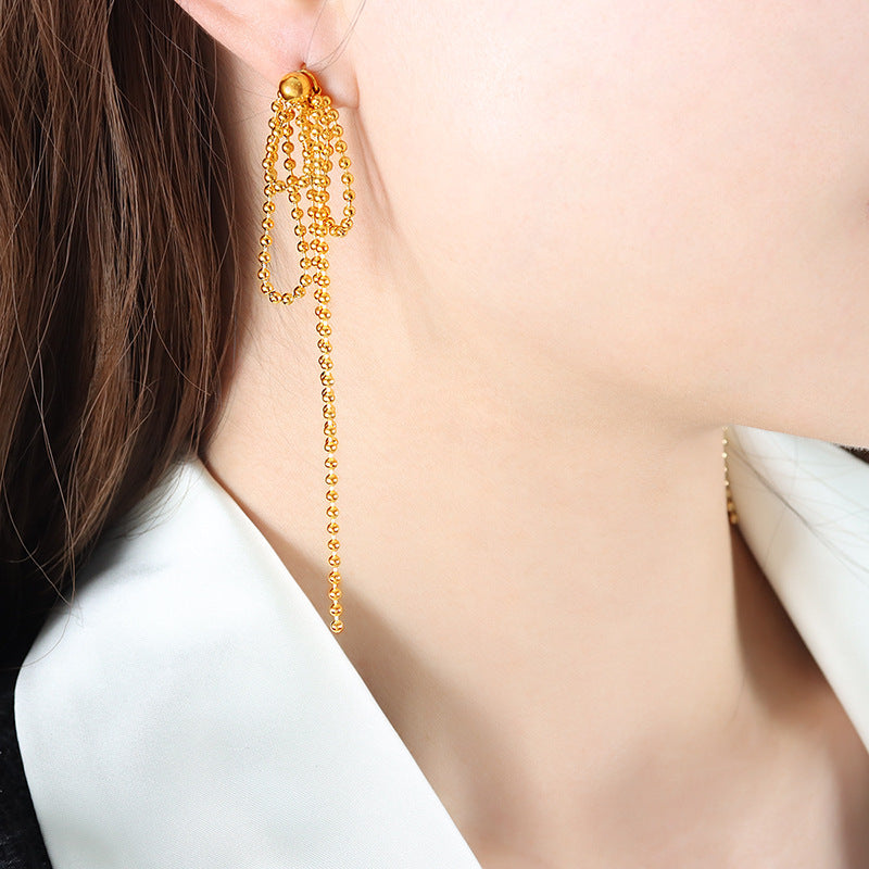 TASSEL LONG RICE BEAD CHAIN EARRINGS