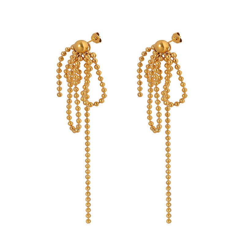 TASSEL LONG RICE BEAD CHAIN EARRINGS