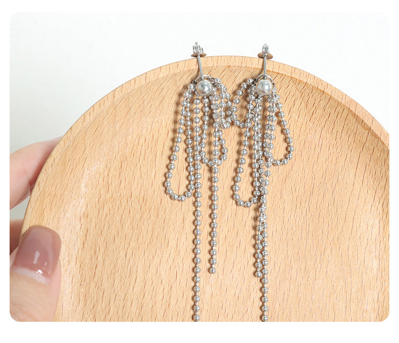 TASSEL LONG RICE BEAD CHAIN EARRINGS