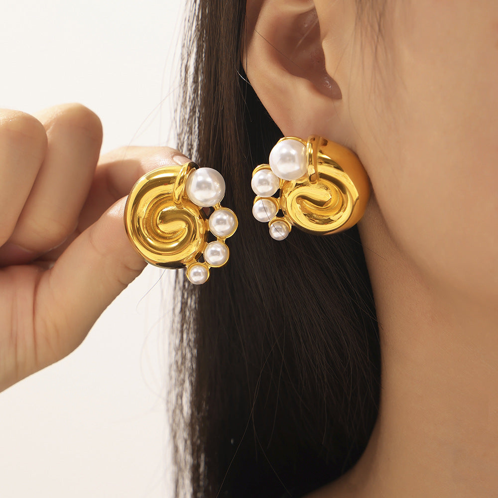 THREADED SPIRAL INLAID PEARL EARRINGS
