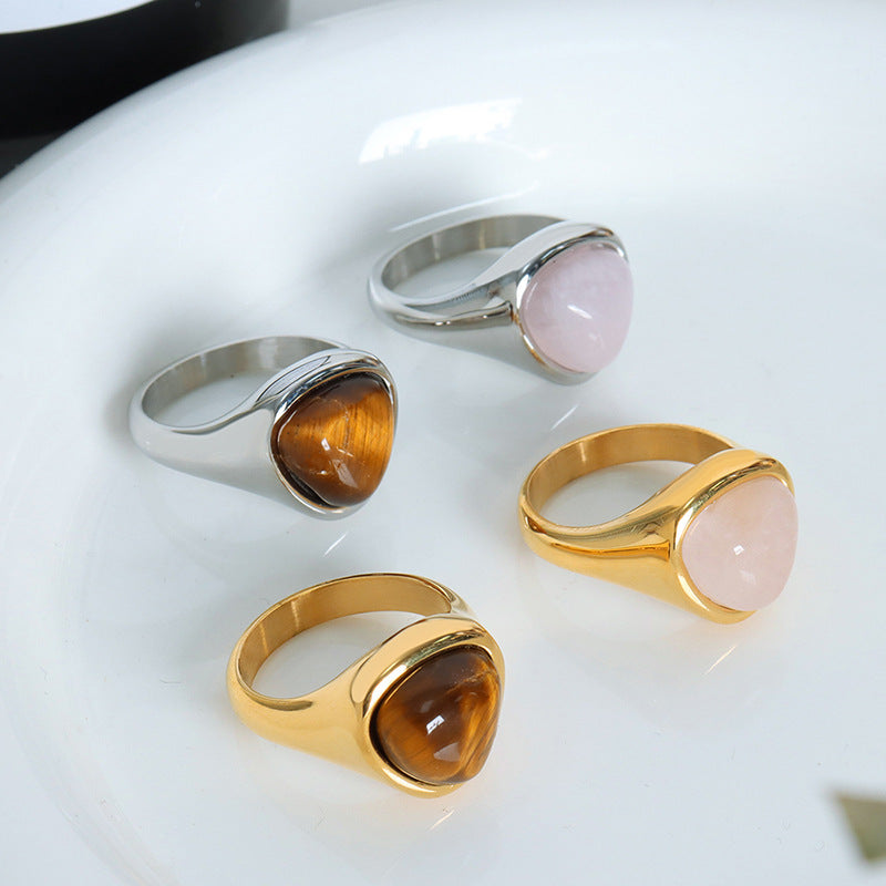 Triangular pink natural stone ring