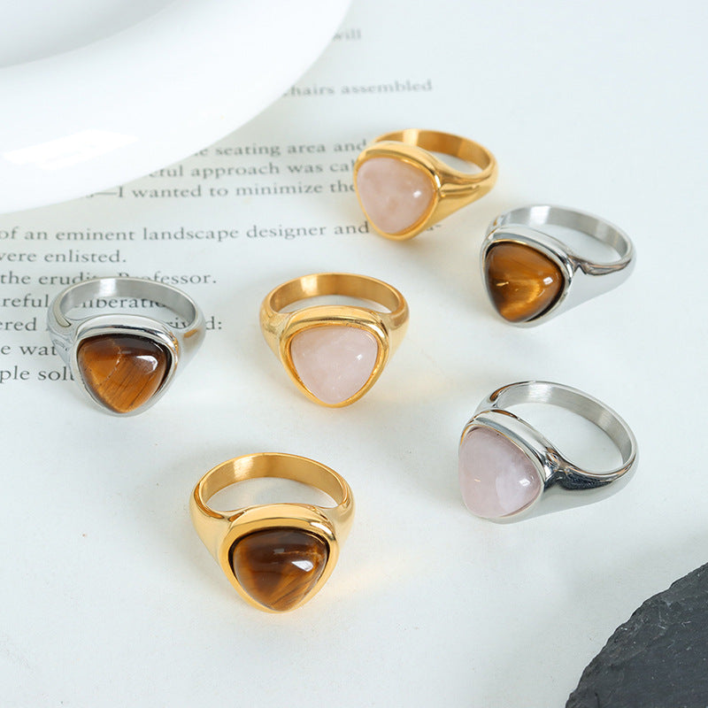 Triangular pink natural stone ring