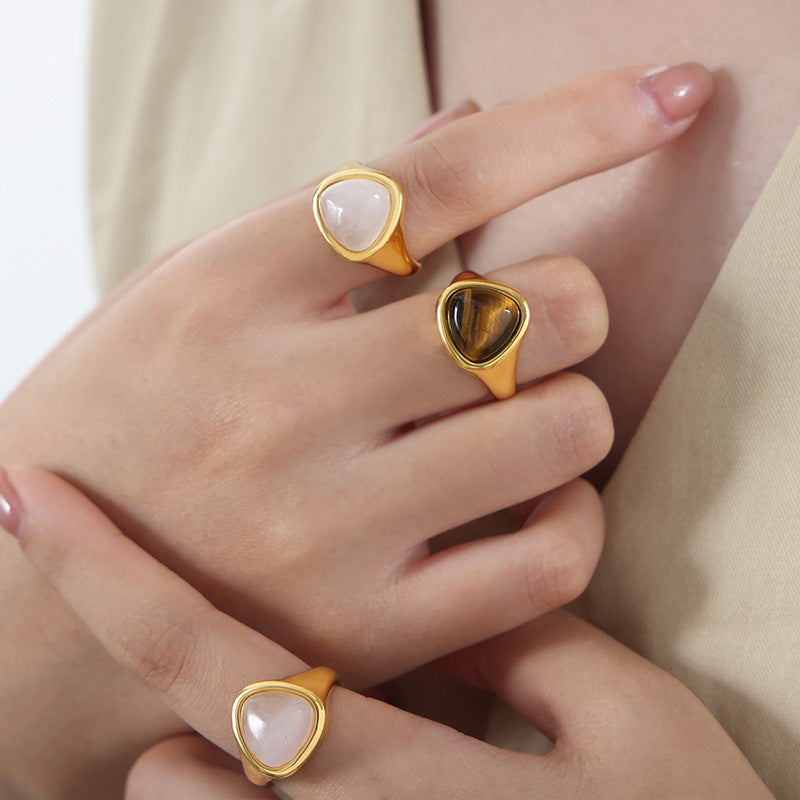 Triangular pink natural stone ring