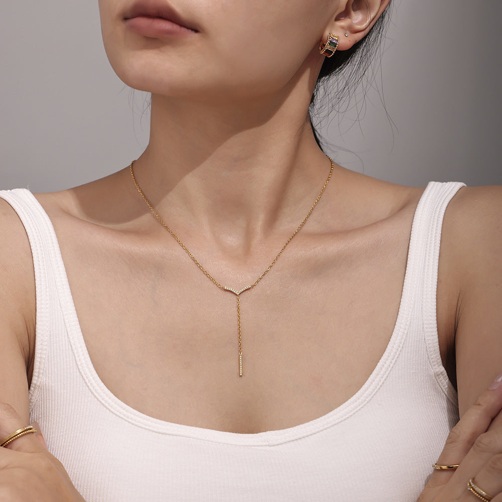 V-SHAPED TASSEL LONG STRIP INLAID WITH ZIRCON NECKLACE