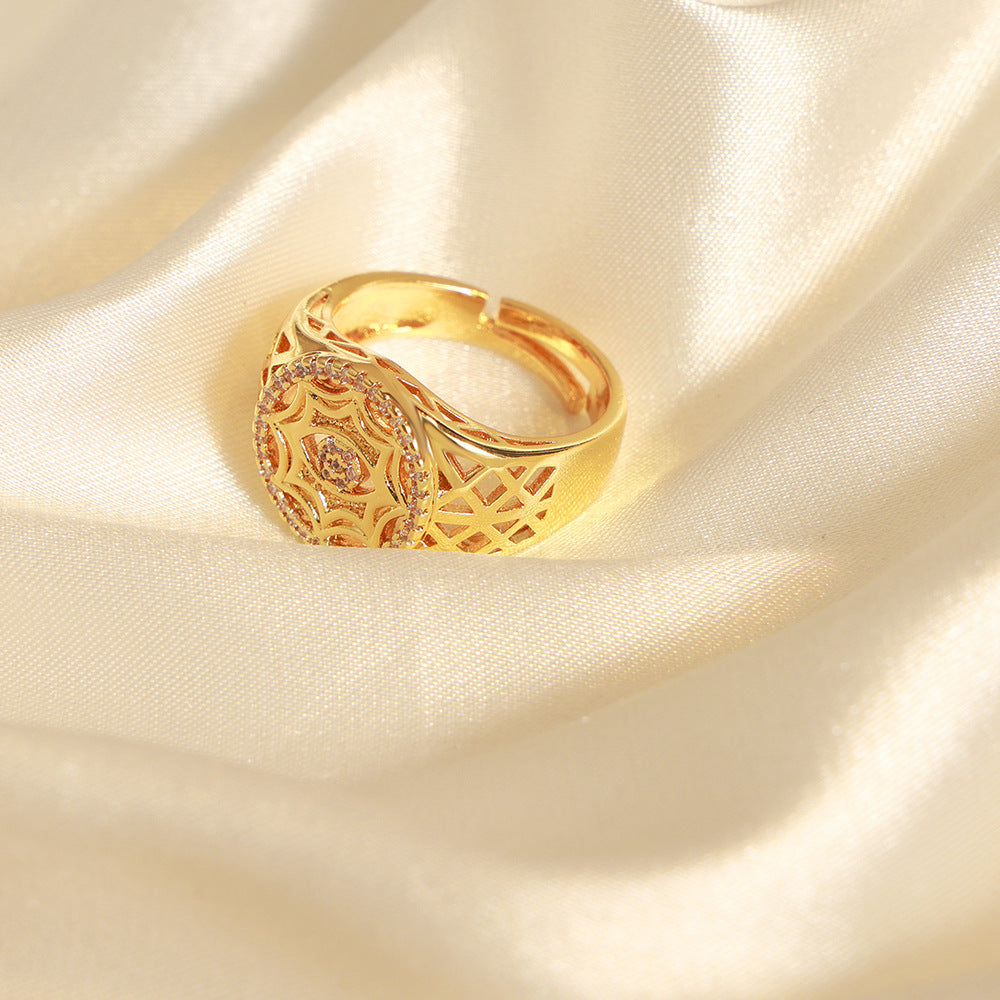 Vintage Round Hollow Shiny Stone Open Ring