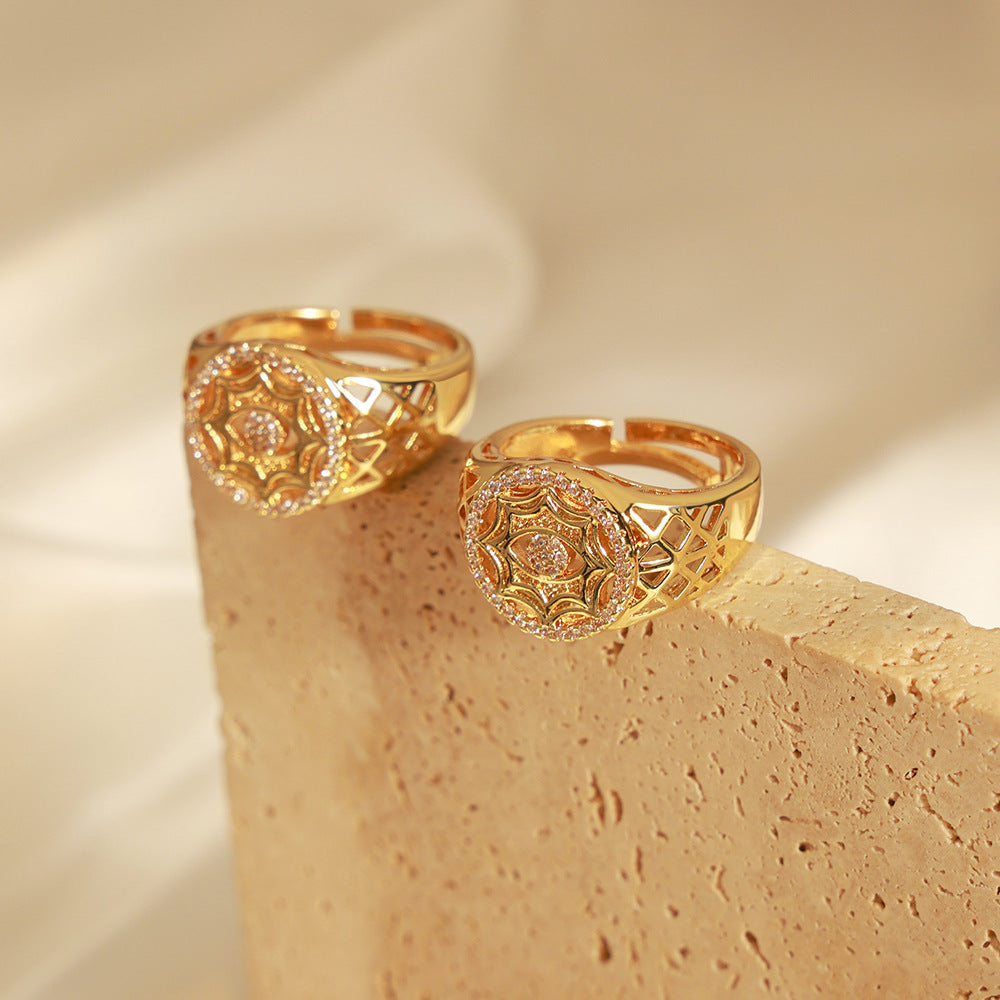 Vintage Round Hollow Shiny Stone Open Ring